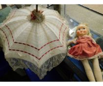 VINTAGE PLASTIC FACED DOLL TOGETHER WITH A FURTHER VICTORIAN LACE WORK PARASOL (2)