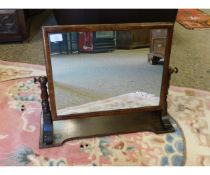 19TH CENTURY MAHOGANY SWING MIRROR, RAISED ON SHORT RING TURNED SUPPORTS TERMINATING IN SPLAYED FEET