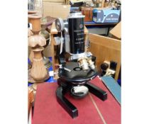 TEAK CASED MICROSCOPE, LENSES ETC