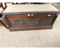 VICTORIAN GOTHIC TYPE OTTOMAN WITH CARVED PANEL FRONT FITTED WITH LION HEAD DETAIL WITH