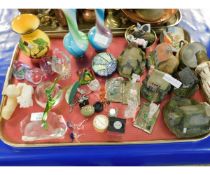 TRAY CONTAINING ASSORTED COTTAGE ORNAMENTS, GLASS SCULPTURES, A FURTHER PERTHSHIRE PAPERWEIGHT ETC