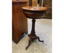 VICTORIAN OAK CIRCULAR PEDESTAL WORK TABLE (POSSIBLY FORMER TEPOY) RAISED ON A TWISTED SUPPORT