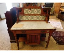 EDWARDIAN SATINWOOD TILE BACK MARBLE TOP WASH STAND WITH SINGLE DRAWER AND CUPBOARD DOOR WITH OPEN