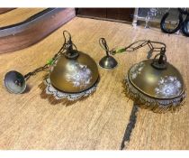 A PAIR OF ENGRAVED GLASS CEILING LIGHTS WITH DECORATIVE BEADS