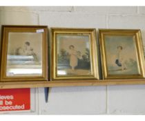 PAIR OF VICTORIAN GILT FRAMED COLOURED PRINT OF CHILDREN, TOGETHER WITH A FURTHER SIMILAR EXAMPLE