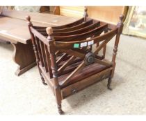 MAHOGANY CANTERBURY, FOUR SECTIONS WITH A FRIEZE DRAWER BELOW, RAISED ON SHORT BALUSTER SUPPORTS