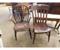 19TH CENTURY ELM HARD SEATED STICK BACK WHEEL BACK ARMCHAIR TOGETHER WITH A FURTHER ELM HARD