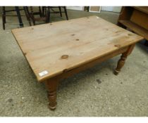 WAXED PINE RECTANGULAR COFFEE TABLE ON TURNED LEGS