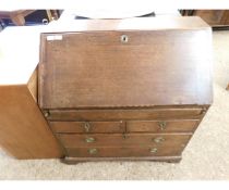 18TH CENTURY OAK BUREAU, FALL FRONT ENCLOSING PARTIALLY FITTED INTERIOR WITH WELL OVER TWO SHORT AND