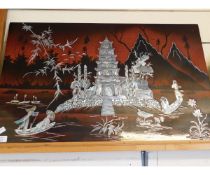ORIENTAL SHIBAYAMA TYPE PANEL WITH MOTHER OF PEARL INLAY OF TEMPLE IN A LANDSCAPE SCENE