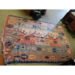 GOOD QUALITY FLOOR RUG, IN PINKS AND BLUES, WITH GEOMETRIC DESIGNS