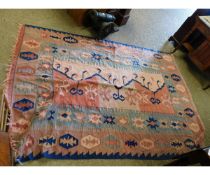 GOOD QUALITY FLOOR RUG, IN PINKS AND BLUES, WITH GEOMETRIC DESIGNS