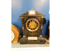 BLACK SLATE AND MARBLE MANTEL CLOCK WITH GILDED AND ETCHED DETAIL WITH PRESENTATION PLAQUE