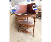 LATE 18TH CENTURY MAHOGANY TWO-TIER CORNER WASH STAND, SCROLL PEDIMENT OVER A FITTED UPPER SHELF,