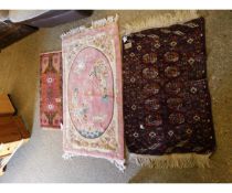 CHINESE THICK PILE WOOL CARPET TOGETHER WITH TWO FURTHER SMALLER PRAYER RUGS
