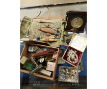 MIXED LOT OF COSTUME JEWELLERY, SMALL LIGHTERS, MANICURE SET AND A TRAVEL CLOCK AND A PAIR OF