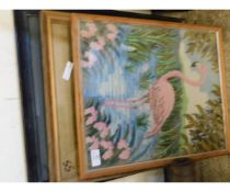 QUANTITY OF MIXED PICTURES TO INCLUDE A WOOL WORK OF A FLAMINGO, WATERCOLOUR OF LANDSCAPE SCENES ETC