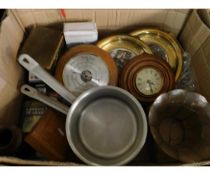 BOX OF TEAK FRAMED BAROMETERS, COLLECTOR S PLATES, PANS ETC