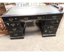 AESTHETIC PERIOD EBONISED TWIN PEDESTAL DESK WITH BRASS HANDLES