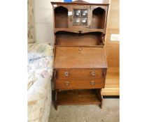 ARTS AND CRAFTS OAK FRAMED BUREAU BOOKCASE WITH GLAZED DOORS WITH OPEN SHELF, DROP FRONT WITH TWO