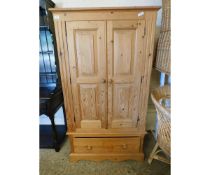 WAXED PINE TALLBOY CABINET WITH TWO DOORS OVER FULL WIDTH DRAWER WITH KNOB HANDLE