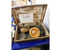 FOLK ART BOX (A/F) TOGETHER WITH CONTENTS OF ASSORTED VIEWS, AA BADGE, AN EMPTY WHISKY BOTTLE ETC