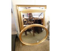 THREE MODERN GILT FRAMED MIRRORS TO INCLUDE TWO RECTANGULAR AND A SINGLE OVAL MIRROR (3)