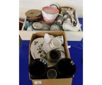 TWO BOXES OF CHINA WARES, BLACK GLASS VASES, CLOCKS ETC (2)