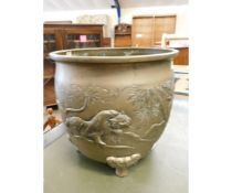 JAPANESE BRONZE FOUR-FOOTED BOWL WITH RAISED DETAIL OF A TIGER AMONG BAMBOO TREES