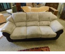 BROWN LEATHER AND CORDUROY UPHOLSTERED THREE-SEATER SOFA