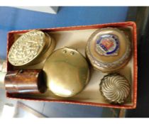 TORTOISESHELL HINGED BOX, A FURTHER BRASS OVAL PILL BOX, LIDDED PILL BOX WITH ENAMELLED CREST (5)