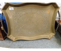 ARTS & CRAFTS PRESSED BRASS TRAY WITH TWISTED HANDLES