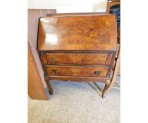 EARLY 20TH CENTURY WALNUT DROP FRONTED BUREAU WITH TWO FULL WIDTH DRAWERS RAISED ON PAD FEET WITH