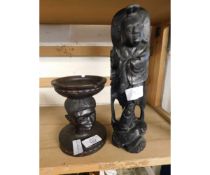 EASTERN HARDWOOD FIGURE HEADED ASHTRAY TOGETHER WITH A FURTHER CARVED ORIENTAL FIGURE (2)