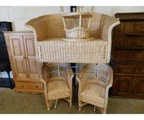 WICKER CONSERVATORY THREE-PIECE SUITE COMPRISING TWO SEATER SOFA, TWO ARMCHAIRS AND A CIRCULAR TABLE