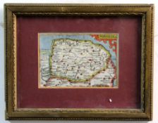 PIETER VAN DEN KEERE: NORFOLK, engraved hand coloured map circa 1627, approx 85 x 120mm, framed