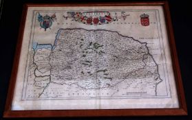 JOAN BLAEU: NORTFOLCIA NORFOLKE, engraved hand coloured map circa 1645, approx 375 x 495mm, framed