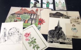 Small quantity of pen, ink and watercolour drawings including circa 1920s "Croydon Times" painting