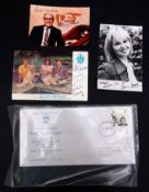 Three signed photocards including TV presenter Barry Took, actress Patricia Brooke and 1980s Blue