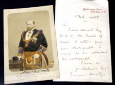 Colour tinted cabinet photo of Edward VII as HRH The Prince of Wales in Freemason's robes, signed