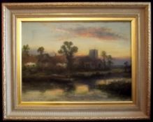 WILLIAM LANGLEY (fl 1880-1920) Tranquil River Landscape at Sunset, Oil, signed lower left 40 x 61cms