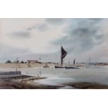 AR LESLIE L HARDY MOORE, RI, (1907-1997) "Felixstowe Ferry, River Deben" watercolour, signed