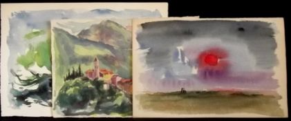 AKOS BIRO (1911-2002) Abstract Landscapes, 3 Watercolours, studio stamps verso