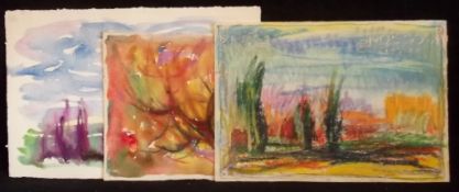 AKOS BIRO (1911-2002) Landscape Studies, 3 Watercolours and Oil Pastel, studio stamps verso