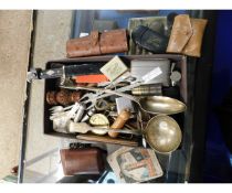 BOX CONTAINING A SILVER PLATED BASTING SPOON, LADLE, CIGARETTE CASES, LIGHTERS, SOUVENIR SPOONS ETC