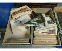 TWO BOXES CONTAINING MIXED VINTAGE POSTCARDS ETC