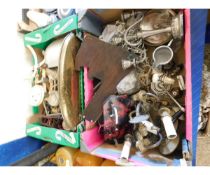 TWO BOXES CONTAINING ASSORTED SCALES, FIRE DOG, TWO BRANCH LIGHT FITTINGS, CANDELABRA ETC (2)