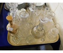 TRAY CONTAINING ASSORTED STUART CRYSTAL SQUAT GLASSES, MIXED DECANTERS ETC