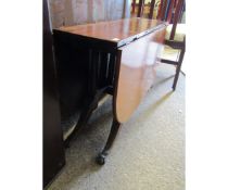 19TH CENTURY MAHOGANY DROP LEAF TABLE WITH EXTENDING SABRE LEGS SUPPORTED BY SIX TURNED COLUMNS