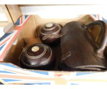 FOUR LIGNUM VITAE CARPET BOWLS TO INCLUDE TWO BY JAQUES